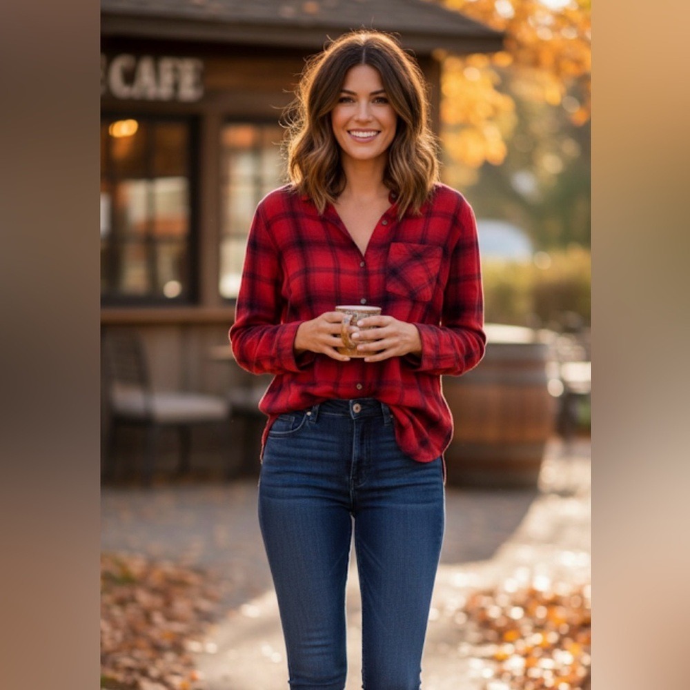 A New Day Red Black Plaid Long Sleeve Button Down Shirt M Minimalist Cozycore